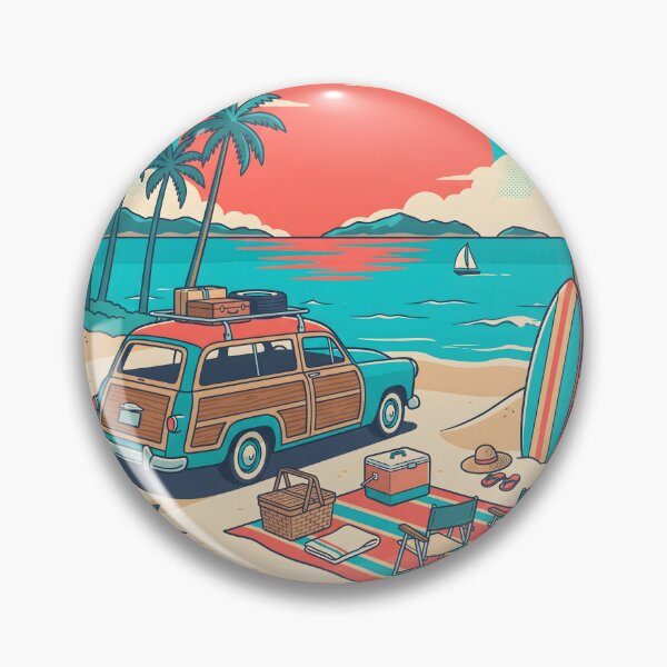 Item preview, Vintage Turquoise Woodie with Roof Luggage & Beach Picnic – Retro Coastal Design designed and sold by Sea Gem.