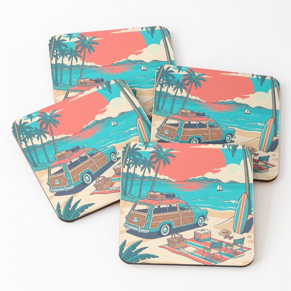Item preview, Vintage Turquoise Woodie with Roof Luggage & Beach Picnic – Retro Coastal Design designed and sold by Sea Gem.