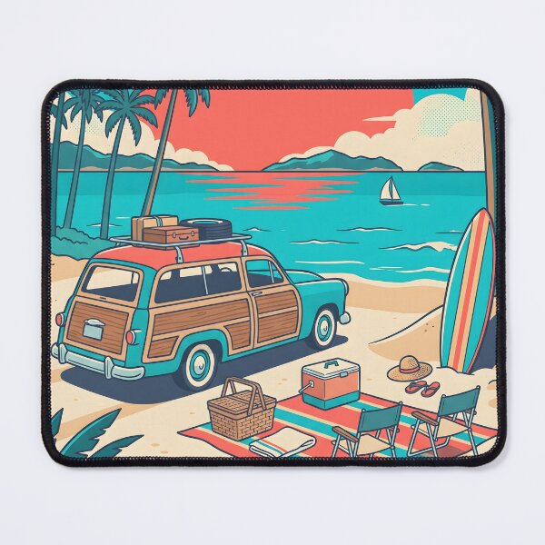 Item preview, Vintage Turquoise Woodie with Roof Luggage & Beach Picnic – Retro Coastal Design designed and sold by Sea Gem.