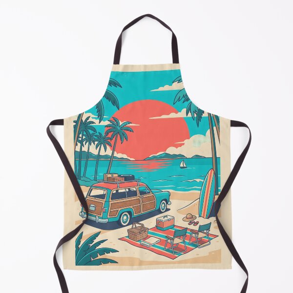 Item preview, Vintage Turquoise Woodie with Roof Luggage & Beach Picnic – Retro Coastal Design designed and sold by Sea Gem.