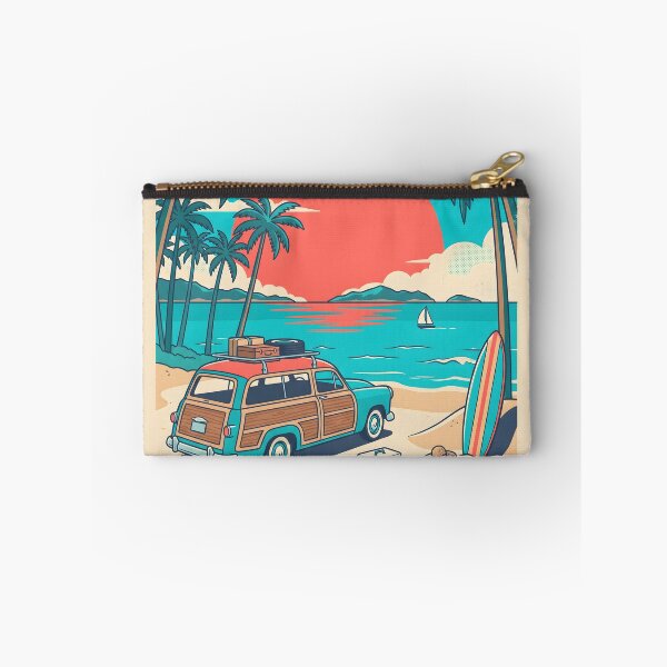 Item preview, Vintage Turquoise Woodie with Roof Luggage & Beach Picnic – Retro Coastal Design designed and sold by Sea Gem.