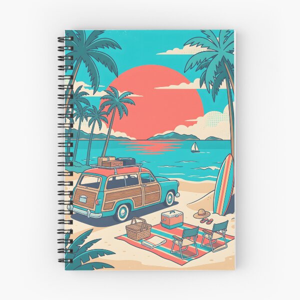 Item preview, Vintage Turquoise Woodie with Roof Luggage & Beach Picnic – Retro Coastal Design designed and sold by Sea Gem.