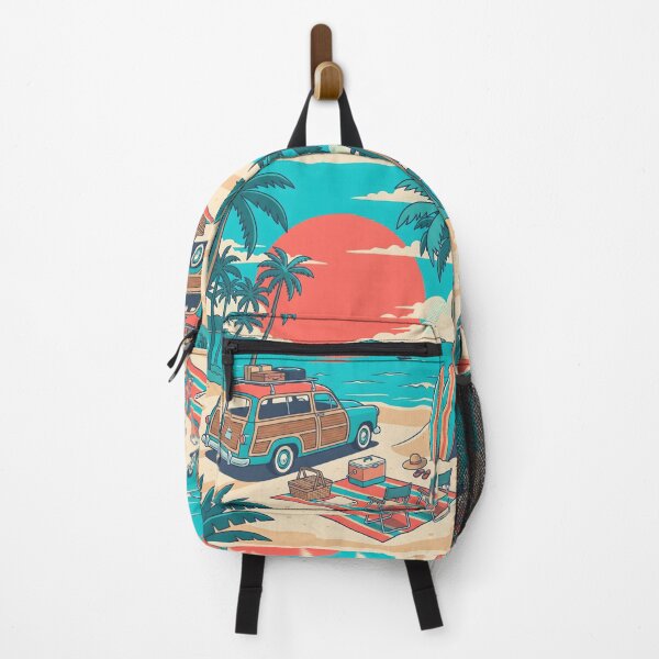 Item preview, Vintage Turquoise Woodie with Roof Luggage & Beach Picnic – Retro Coastal Design designed and sold by Sea Gem.
