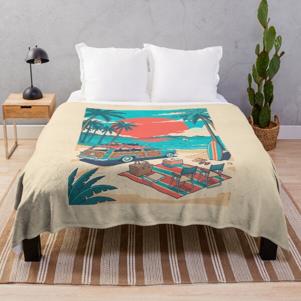 Item preview, Vintage Turquoise Woodie with Roof Luggage & Beach Picnic – Retro Coastal Design designed and sold by Sea Gem.