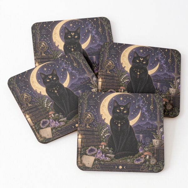 Item preview, Mystic Moonlight Cat: Celestial Black Cat Among Crystals & Crescent Moon designed and sold by DoReMiStudio.