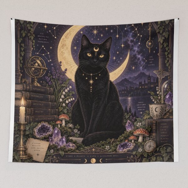 Item preview, Mystic Moonlight Cat: Celestial Black Cat Among Crystals & Crescent Moon designed and sold by DoReMiStudio.