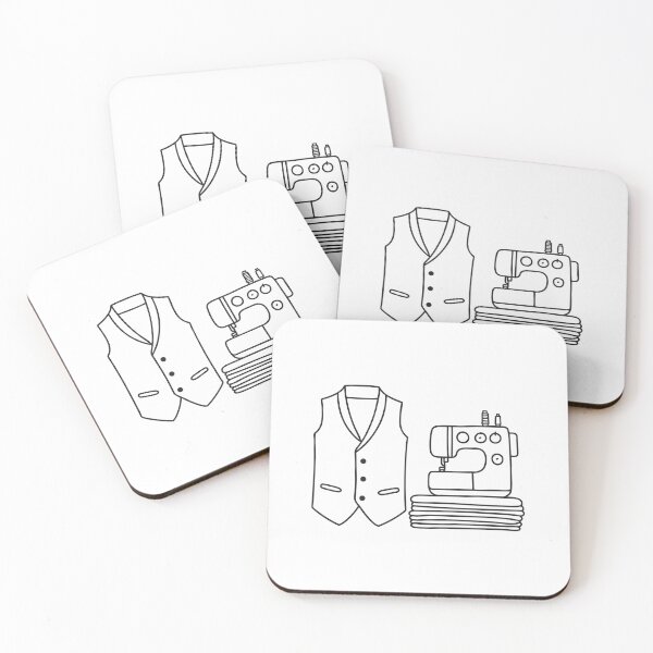 Item preview, An illustration of waistcoat beside a sewing machine with fabric swatches designed and sold by rasagamastore.