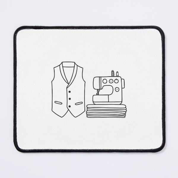 Item preview, An illustration of waistcoat beside a sewing machine with fabric swatches designed and sold by rasagamastore.