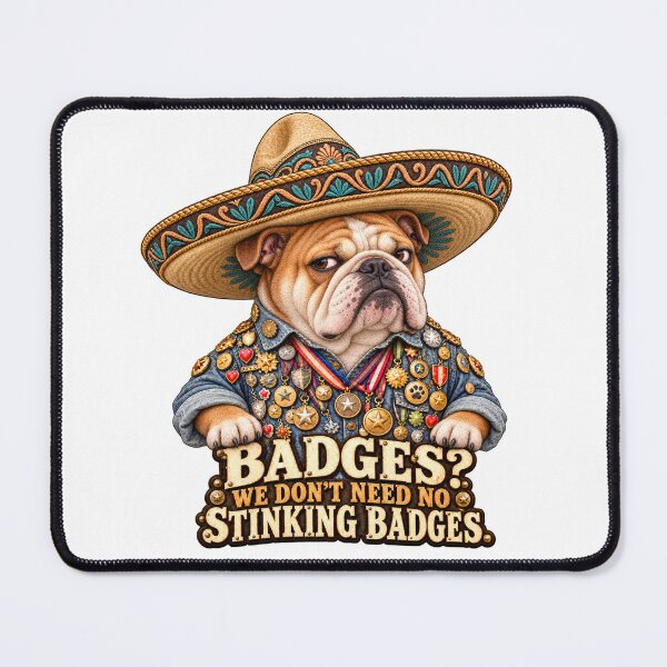Item preview, We Don’t Need No Stinking Badges – English Bulldog in a Sombrero designed and sold by Russell Thorne.