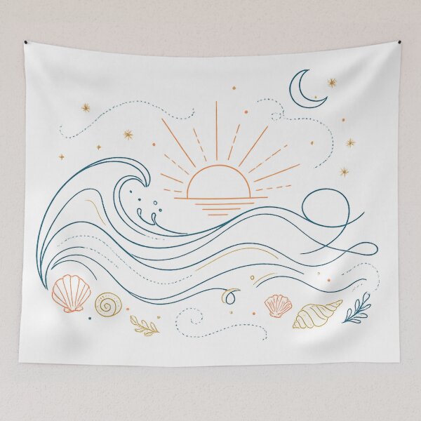 Item preview, Ocean Waves Sunrise Moon and Seashells Coastal Celestial Line Art designed and sold by inkoutninja.
