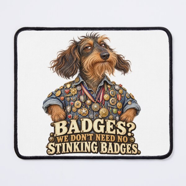 Item preview, Badges? We Don’t Need No Stinking Badges – Shaggy Dachshund designed and sold by Russell Thorne.