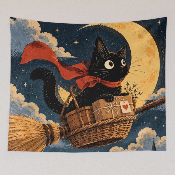 Item preview, Vintage Witch Cat Flying Beneath Golden Moon designed and sold by AbstractAuraArt.