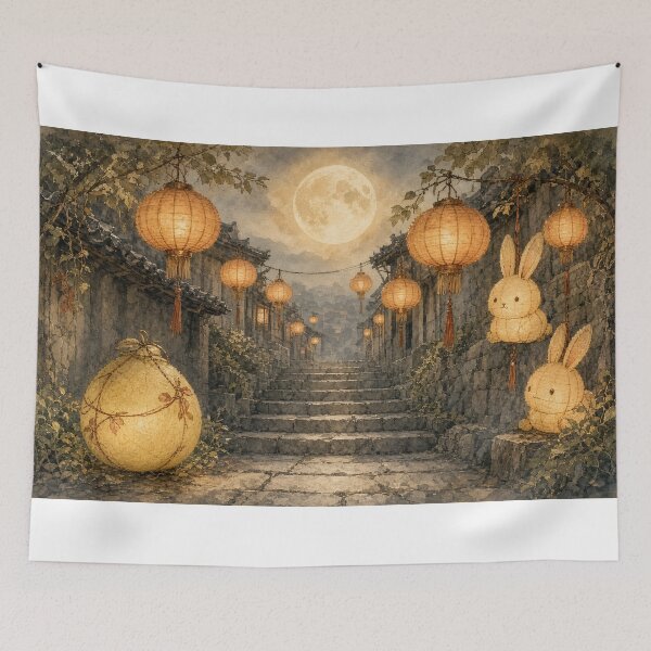 Item preview, Mid Autumn Moon Rabbit Lanterns on Old Stone Steps designed and sold by jainaspp.