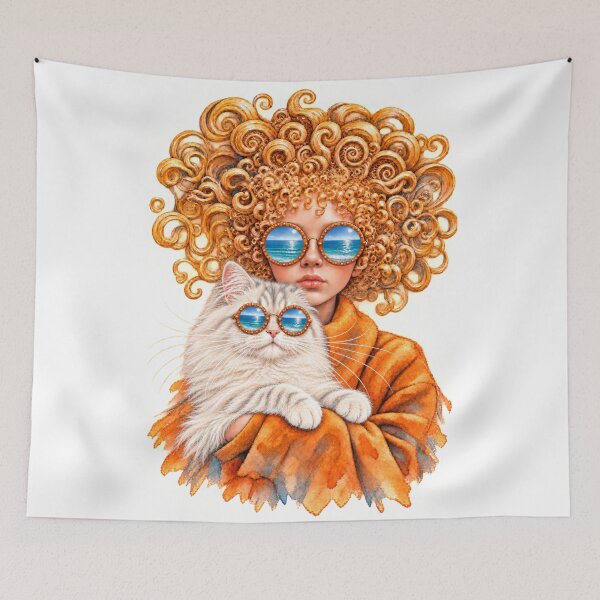 Item preview, Golden Curls and a White Cat – Ocean Reflections designed and sold by Russell Thorne.