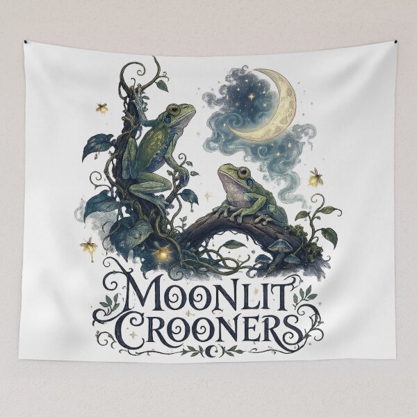 Item preview, Moonlit Crooners Frog Couple Crescent Moon Dark Cottagecore Woodland Art designed and sold by inkoutninja.