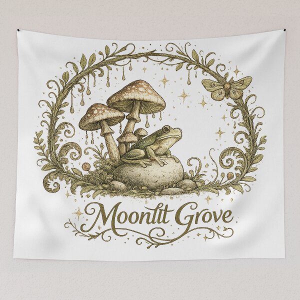 Item preview, Moonlit Grove Frog and Mushroom Dark Cottagecore Woodland Fantasy Art designed and sold by inkoutninja.