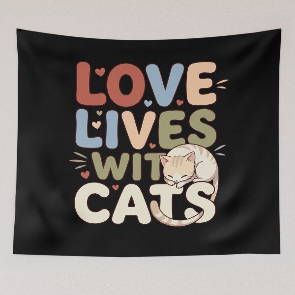 Item preview, Love Lives With Cats Cozy Retro Typography Sleeping Kitty Quote    designed and sold by mood-draftsman.