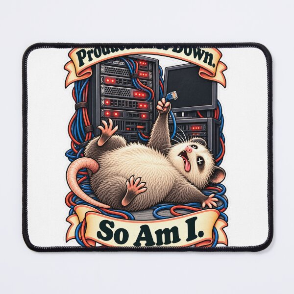 Item preview, Production Is Down. So Am I. - Possum Server Room Humor designed and sold by Ctrl Alt Bureaucracy.