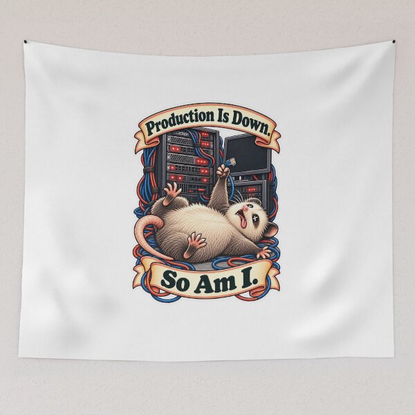 Item preview, Production Is Down. So Am I. - Possum Server Room Humor designed and sold by Ctrl Alt Bureaucracy.