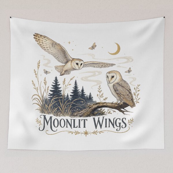 Item preview, Moonlit Wings Barn Owl Woodland Crescent Moon Dark Cottagecore Nature Art designed and sold by inkoutninja.
