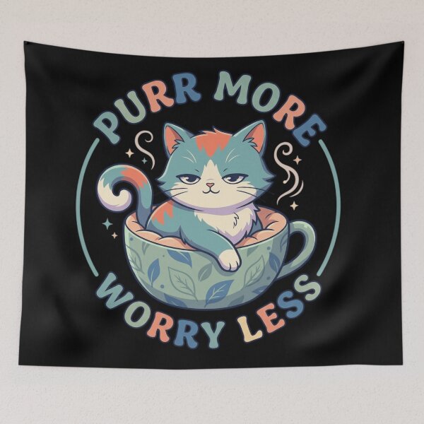 Item preview, Purr More Worry Less Cozy Cat in Coffee Mug Retro Typography  designed and sold by mood-draftsman.