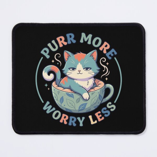 Item preview, Purr More Worry Less Cozy Cat in Coffee Mug Retro Typography  designed and sold by mood-draftsman.