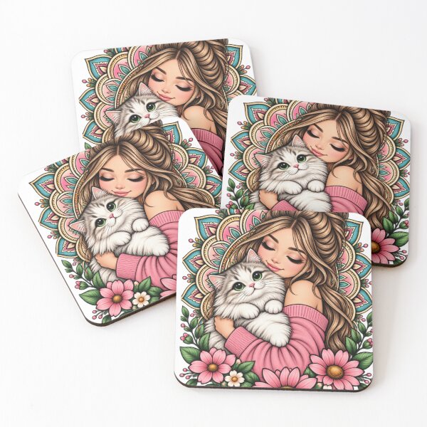 Item preview, Cute Girl Hugging Cat Floral Mandala | Boho Cat Lover Art designed and sold by OneCklick.