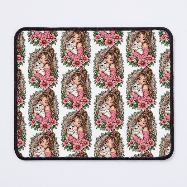 Item preview, Cute Girl Hugging Cat Floral Mandala | Boho Cat Lover Art designed and sold by OneCklick.
