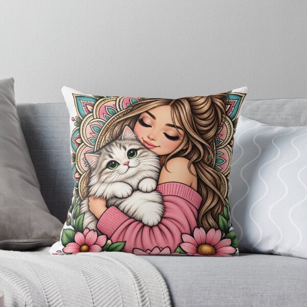 Item preview, Cute Girl Hugging Cat Floral Mandala | Boho Cat Lover Art designed and sold by OneCklick.