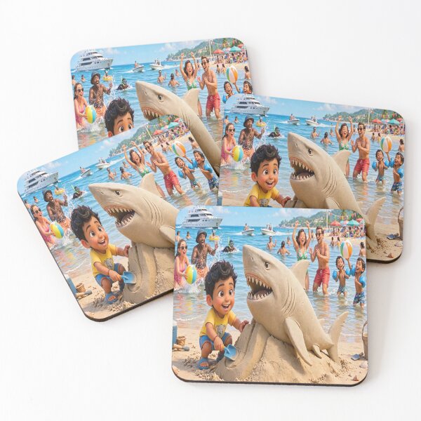 Item preview, Cute Boy Building Giant Sand Shark on Tropical Beach Party - Summer Fun Cartoon Art designed and sold by HydStyle99.