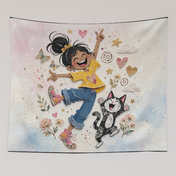 Item preview, Happy Girl Dancing with Cute Cat designed and sold by Emamohamed.