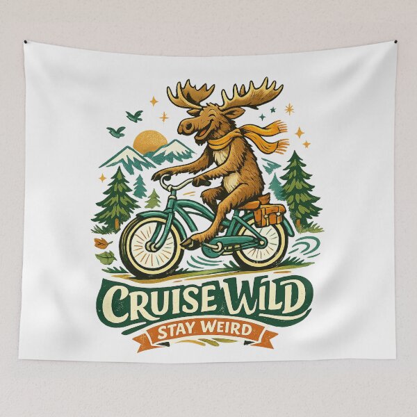 Item preview, Cruise Wild Stay Weird Funny Moose Bicycle Retro Outdoor Adventure Art designed and sold by inkoutninja.