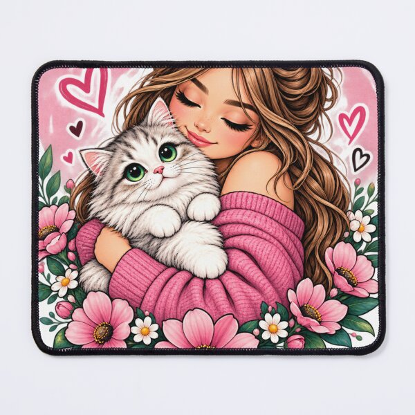 Item preview, Cute Girl Hugging Cat Floral Heart – Kawaii Love & Cozy Pink Design designed and sold by OneCklick.