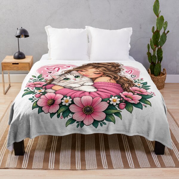 Item preview, Cute Girl Hugging Cat Floral Heart – Kawaii Love & Cozy Pink Design designed and sold by OneCklick.