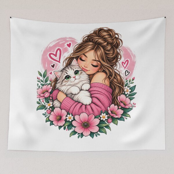 Item preview, Cute Girl Hugging Cat Floral Heart – Kawaii Love & Cozy Pink Design designed and sold by OneCklick.