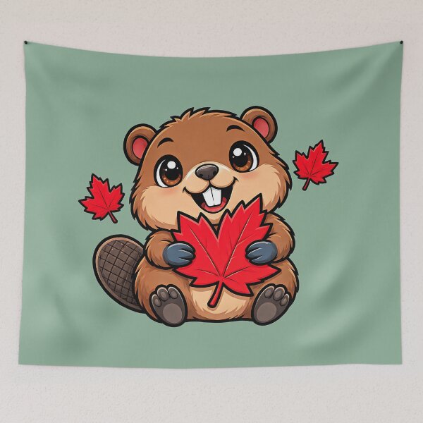Item preview, Happy Canadian Beaver with Maple Leaves Design designed and sold by ArtDesignTp.