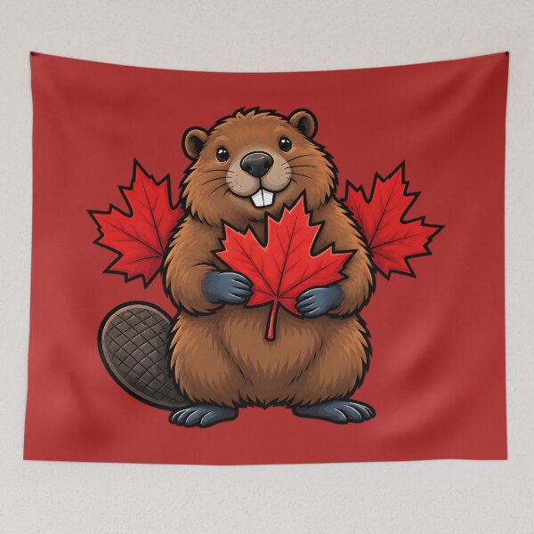 Item preview, Happy Canadian Beaver with Maple Leaves Canada Art designed and sold by ArtDesignTp.
