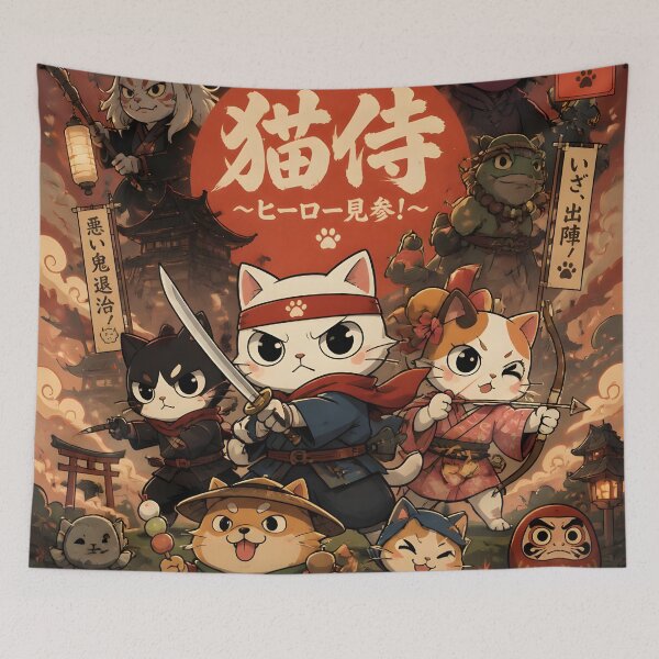 Item preview, Kawaii Cat Samurai Squad Japanese Movie Poster Art designed and sold by GrinGalore.