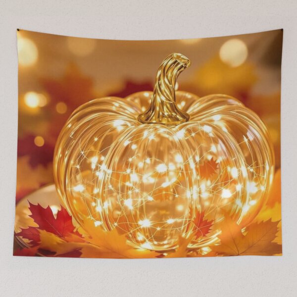 Item preview, Glowing Glass Pumpkin with Fairy Lights — Cozy Autumn Bokeh Print designed and sold by LYAN-STORE.