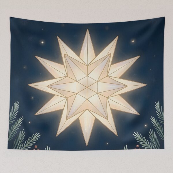 Item preview, Glowing Herrnhuter Star & Pine Boughs Christmas Night Illustration designed and sold by Sybille-Yates.