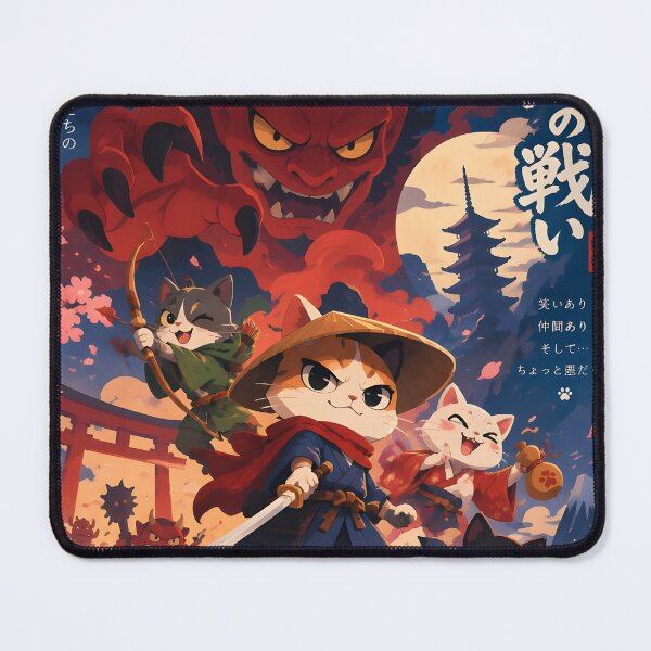 Item preview, Kawaii Cat Samurai Warriors vs Demon Oni Japanese Ukiyoe Poster designed and sold by GrinGalore.