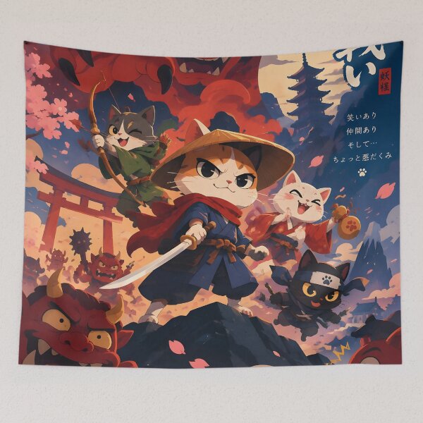 Item preview, Kawaii Cat Samurai Warriors vs Demon Oni Japanese Ukiyoe Poster designed and sold by GrinGalore.