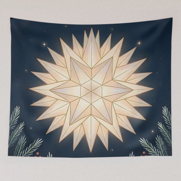 Item preview, Glowing Herrnhuter Star & Pine Boughs Christmas Night Illustration designed and sold by Sybille-Yates.