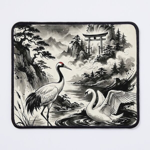 Item preview, Sacred Crane and Swan in Mystical Sumi-e Realm designed and sold by iris-festival.