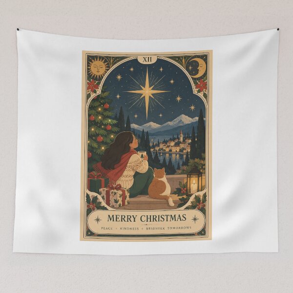 Item preview, Merry Christmas Starry Alpine Village with Moon, Holly, Gifts and Peaceful Winter Night Tarot Style designed and sold by Aryabek.