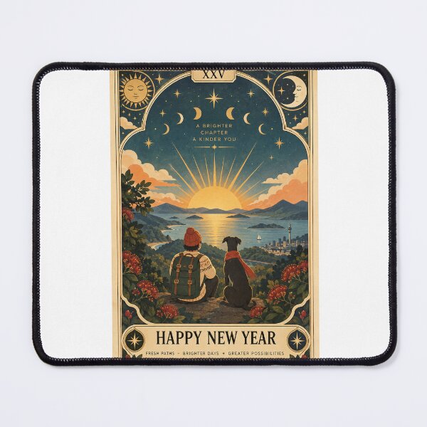Item preview, Happy New Year Auckland Sunrise with Sky Tower, Pōhutukawa, Coastal Adventure and Dog Tarot designed and sold by Aryabek.