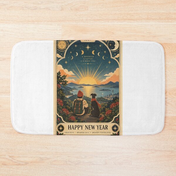 Item preview, Happy New Year Auckland Sunrise with Sky Tower, Pōhutukawa, Coastal Adventure and Dog Tarot designed and sold by Aryabek.
