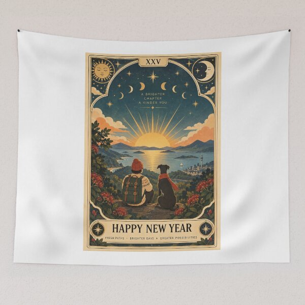 Item preview, Happy New Year Auckland Sunrise with Sky Tower, Pōhutukawa, Coastal Adventure and Dog Tarot designed and sold by Aryabek.