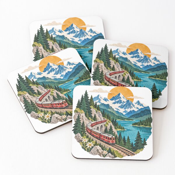Item preview, Alpine Railway Red Train Viaduct Mountain Lake Alps Edelweiss designed and sold by LongIslandDesgn.