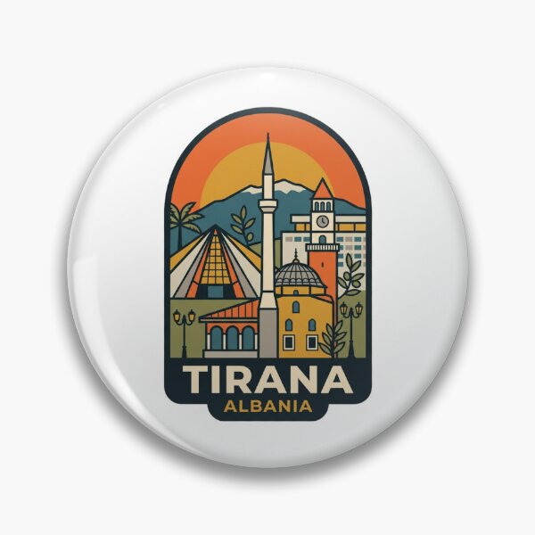 Item preview, Unique Tirana Albania Travel Badge, Retro Balkan Skyline & Skanderbeg Square Landmark Emblem designed and sold by raedattia.
